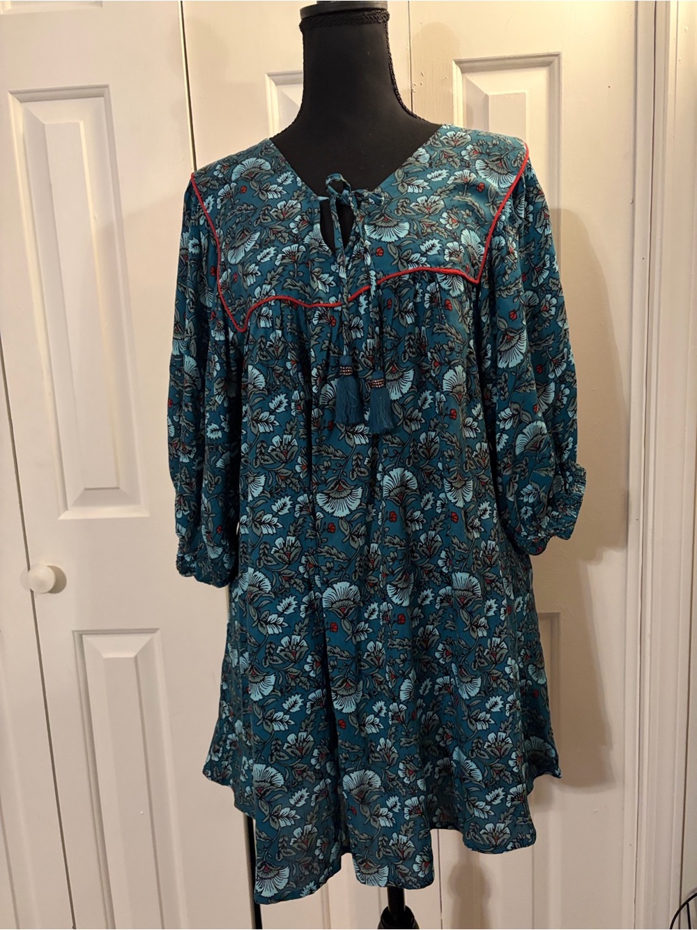 Teal Floral Boho Tunic Dress with Red Accents